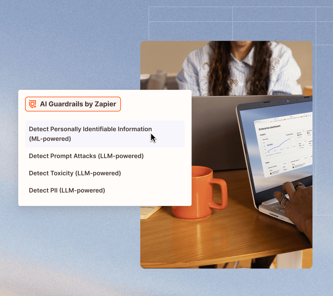 Zapier AI Guardrails panel detecting PII, prompt attacks, and toxicity in AI steps